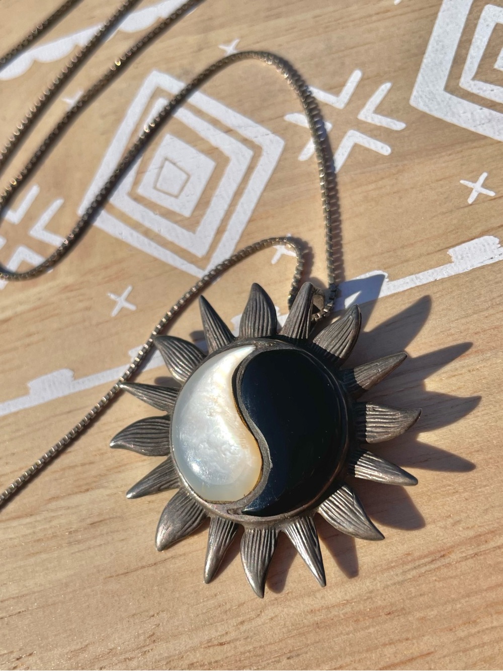 Sunburst Sterling Silver Yin Yang Pendant Necklace with Black and White Stone